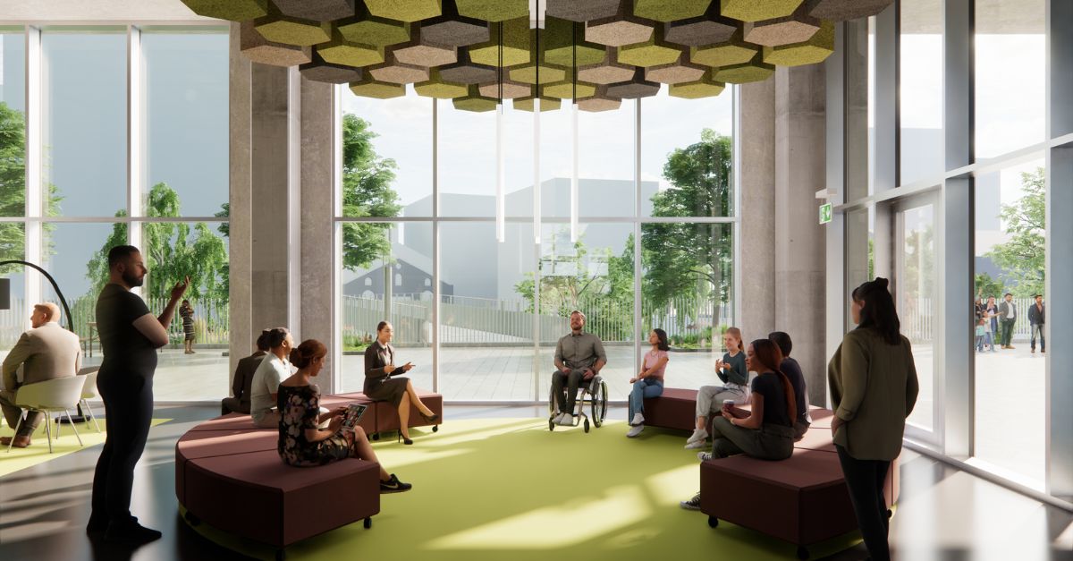 A digital mock up of Bristol Rooms, depicting people using the space for a discussion.